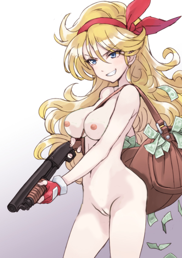 bad launch, bag, beige skin, blonde hair, blue eyes, casual, casual nudity, color, dragon ball, dragon ball (classic), female, female only, fingerless gloves, firearm, gloves, gun, hair, handwear, human, launch, long hair, money, mostly nude, nude, open eyes, pale skin, pussy, shotgun, smile, solo, standing, vulva, weapon
