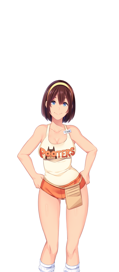 bare_arms bare_shoulders blue_eyes blush breasts brown_hair butcha-u cleavage crotchless female game_cg hairband hands_on_hips hooters kenzen!_hentai_seikatsu_no_susume large_breasts legs looking_at_viewer maezono_chinami original pubic_hair short_hair short_shorts shorts simple_background sleeveless smile solo standing thighs transparent_background uniform