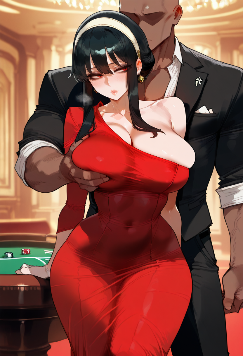 ai_generated belly_button_visible_through_clothing big_breasts black_hair casino cheating cheating_wife clothing dark-skinned_male dark_hair dark_skin excited excited_female light-skinned_female light_skin netorare ntr randoai red_eyes sexy sexy_body spy_x_family squeezing squeezing_breast thick_legs thick_thighs yor_briar yor_forger