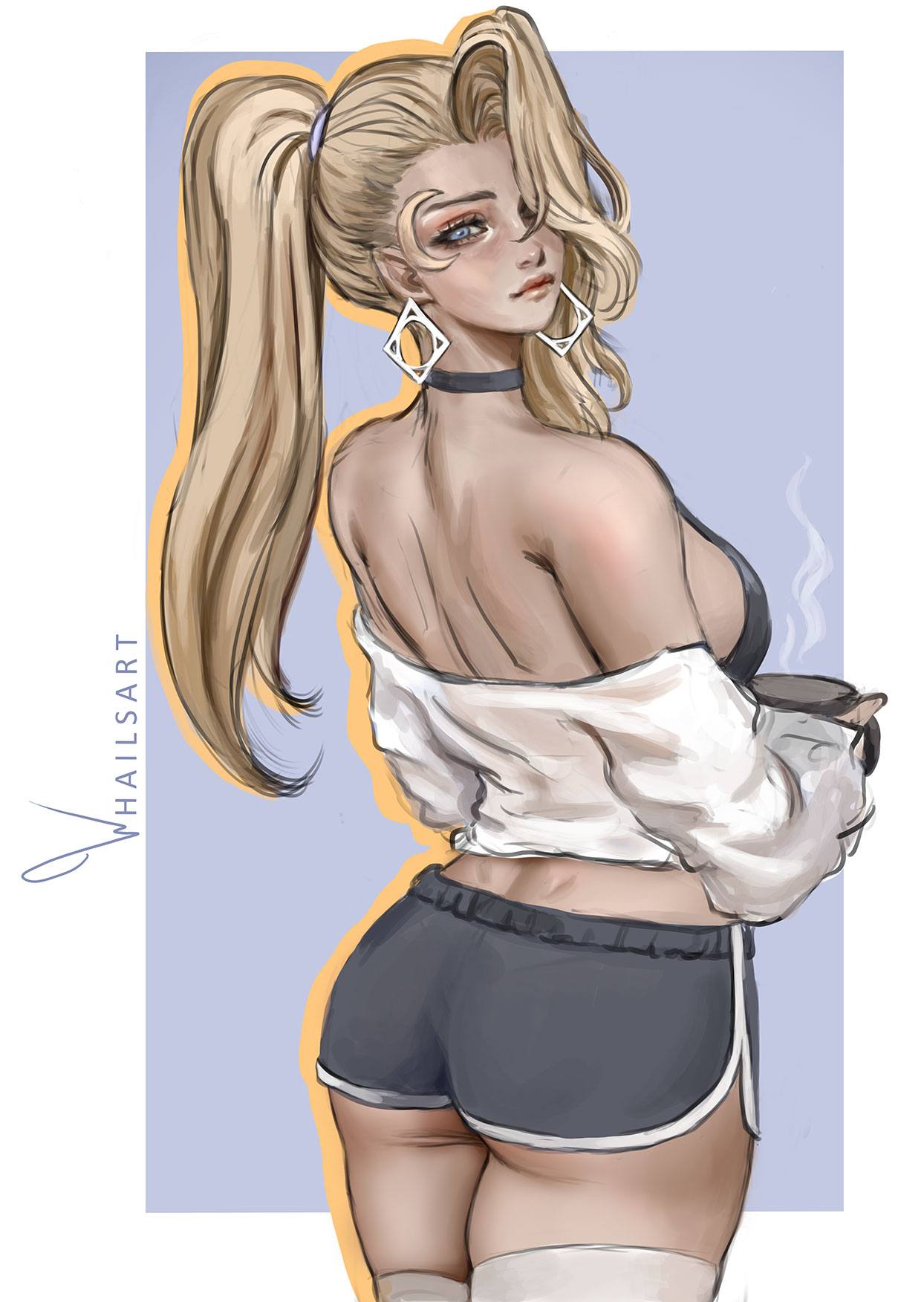 1girls, 2d, ass, back view, blonde hair, breasts, casual, cloak and dagger, clothed, clothed female, dagger (marvel rivals), dagger (marvel), dolphin shorts, female, female only, looking back, marvel, marvel comics, marvel rivals, sideboob, tandy bowen, thick thighs, whailsart