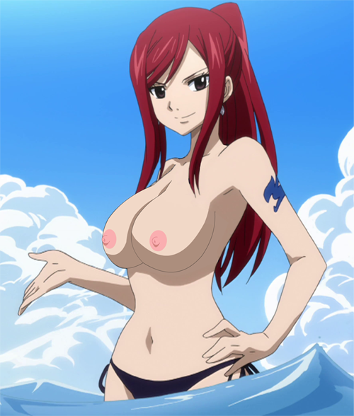 1girls, arm tattoo, artist request, black bikini bottom, blue tattoo, breasts, brown eyes, erza scarlet, fairy tail, fairy tail mark, female, long hair, looking at viewer, nipples, nude filter, red hair, red-haired female, solo, tattoo, tattoo on arm, tattooed arm, topless