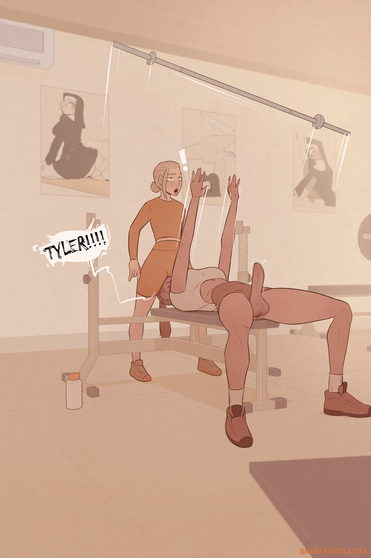 1boy, 1futa, 2d, artist website, blonde hair, blonde male, brown hair, brunette futa, clothed, clothing, comic, crop top, dark skin, dark-skinned futa, english text, futa is bigger, futa on male, futanari, human, human only, imminent sex, intersex, male, orange shorts, original characters, shorts, skemantis, speech bubble, text, tyler (skemantis), white crop top