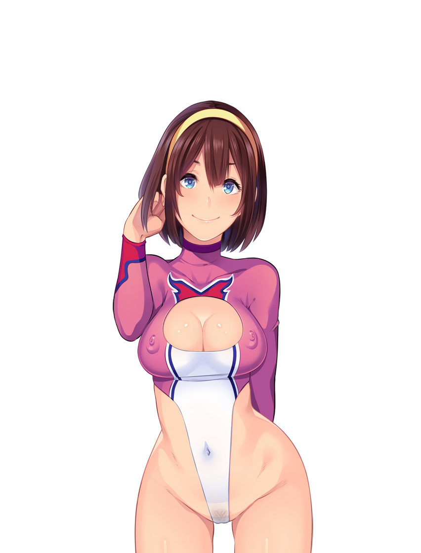 adjusting_hair bare_legs blue_eyes blush breasts brown_hair butcha-u cleavage cleavage_cutout covered_navel cowboy_shot erect_nipples female game_cg hairband kenzen!_hentai_seikatsu_no_susume large_breasts legs leotard looking_at_viewer maezono_chinami mound_of_venus navel original pubic_hair see-through short_hair simple_background smile solo standing thighs transparent_background