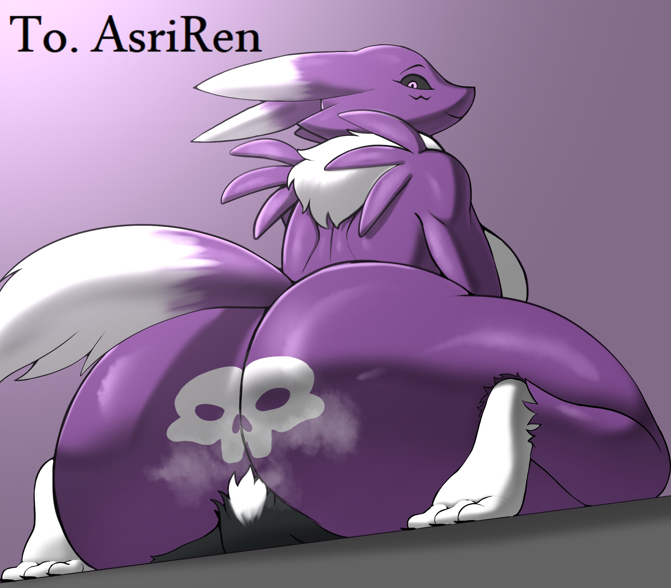 2023, anthro, asri (asriren), ass, babyhunt4, bandai namco, big ass, black sclera, breasts, canid, canine, digimon, digimon (species), digital media (artwork), dominant, dominant female, duo, english text, facesitting, female, fox, hi res, huge ass, looking at viewer, looking back, looking back at viewer, mammal, nude, purple body, renamon, rona (asriren), sitting on another, size difference, tail, text, thick thighs