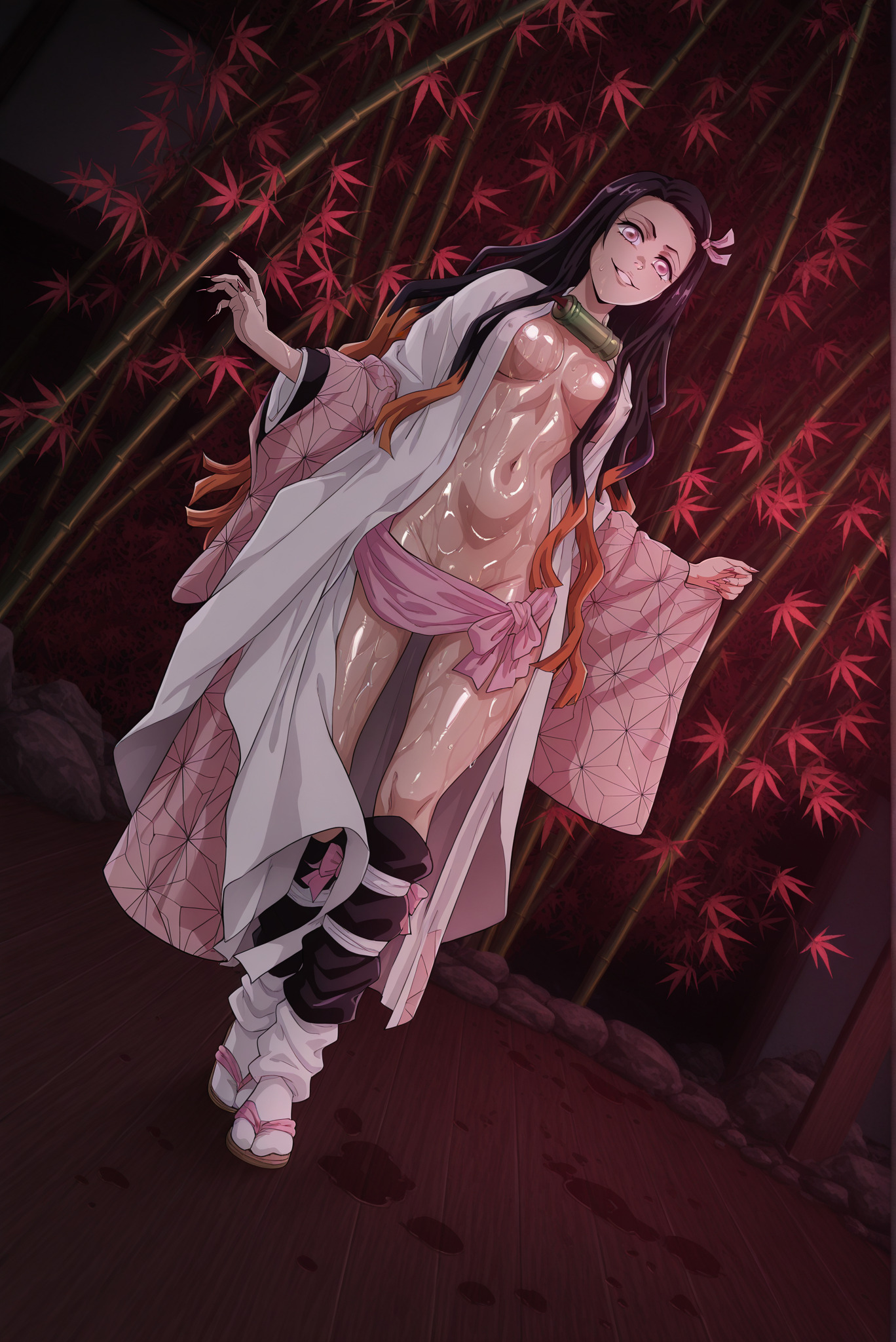 ai generated, bamboo, ca1nhurst, covered nipples, demon girl, demon slayer, female, japanese clothes, kimetsu no yaiba, long hair, medium breasts, multicolored hair, nezuko kamado, oiled body, purple eyes, sharp nails, smile, standing, white socks