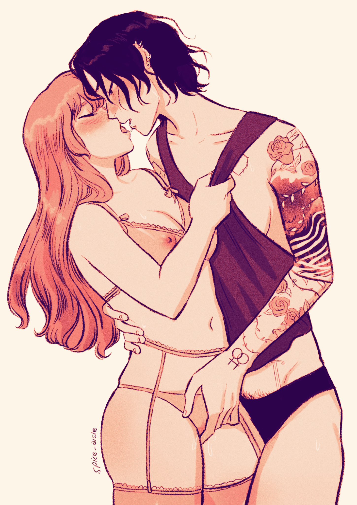 2girls, arm around partner, arm tattoo, artist name, artist signature, black hair, black panties, blush, breast size difference, breasts, brown hair, chest tattoo, cleavage, closed eyes, curly hair, ear piercing, earrings, female, female pubic hair, female/female symbol, finger fuck, fingering, fingering partner, fingering through clothes, garter straps, half-closed eyes, heartstrings (series), height difference, higher resolution duplicate, highres, isidora velasco (heartstrings), lingerie, lip piercing, lipstick, long hair, looking at partner, looking pleasured, monochrome, nipples, no bra, panties, partially clothed, piercing, pubic hair, pubic hair peek, pussy, pussy juice, pussy juice drip, pussy juice on hand, pussy juice on leg, ro cambria (heartstrings), romantic, romantic couple, saliva, saliva string, see-through, see-through bra, shirt grab, sideboob, small breasts, spice aisle, stomach tattoo, sweatdrop, tank top, tattoo, thighhighs, waist grab, watermark, wholesome, yellow background, yuri