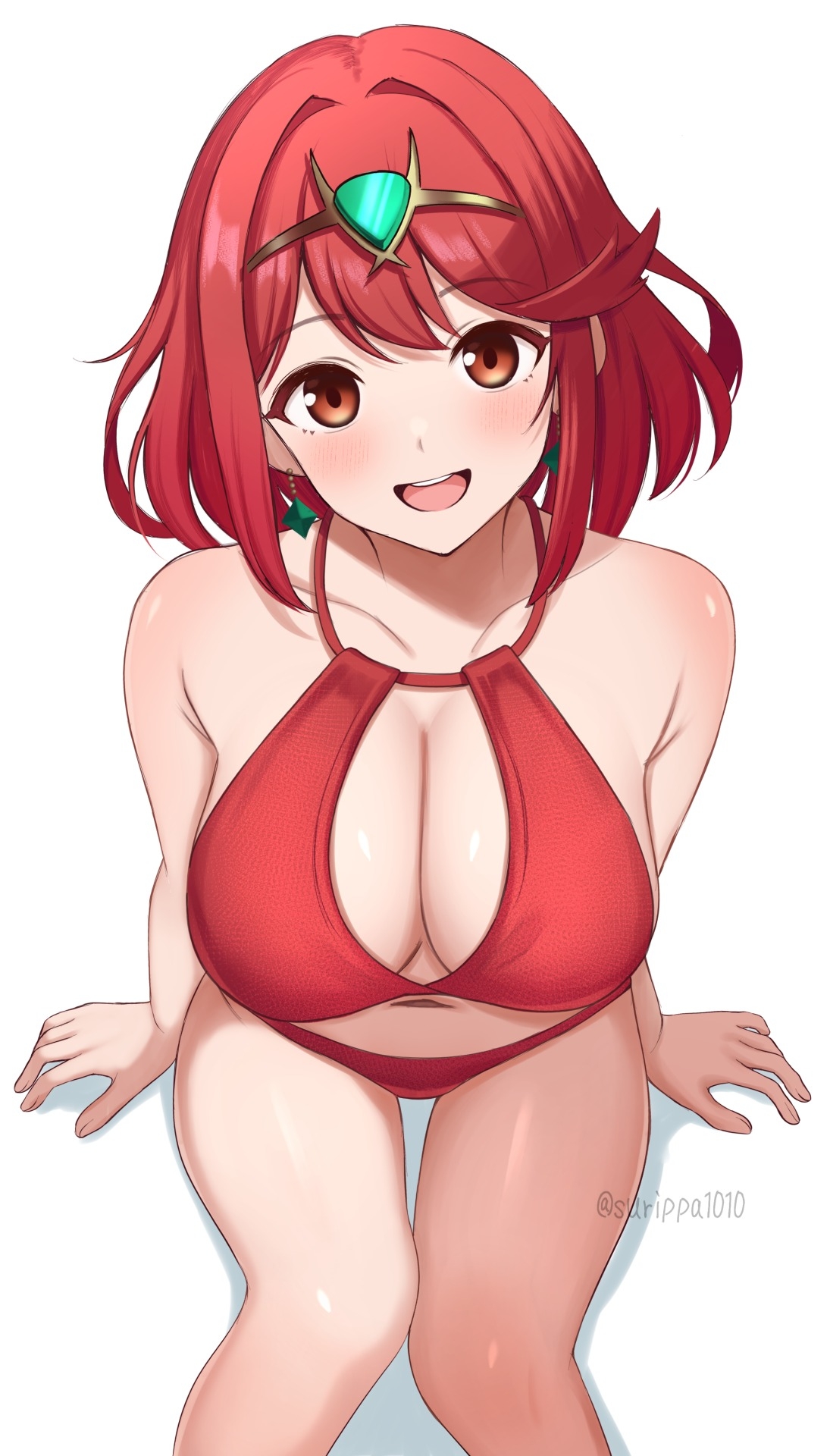 :d, 1girls, big breasts, bikini, breasts, collarbone, commentary request, female, halter bikini, halterneck, headpiece, heroine, high res, looking at viewer, milf, open mouth, pyra, red bikini, red eyes, red hair, simple background, sitting, smile, surippa1010, swimsuit, twitter username, white background, xenoblade (series), xenoblade chronicles 2