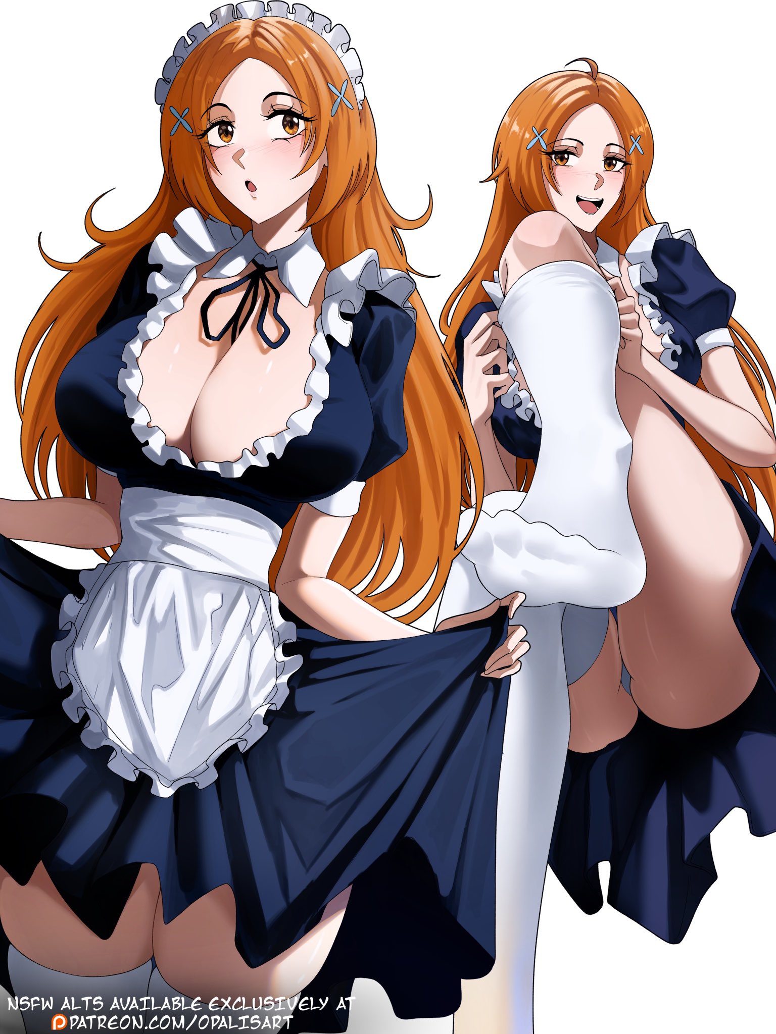 ass, bare thighs, big ass, big breasts, bleach, blush, breasts, brown eyes, cleavage, feet, feet up, female, inner thighs, inoue orihime, long hair, long legs, maid, maid apron, maid dress, maid headdress, maid outfit, maid uniform, opalisart, panties, skirt, slim waist, tagme, tall female, teenager, thick thighs, thigh socks, thighhighs, under skirt