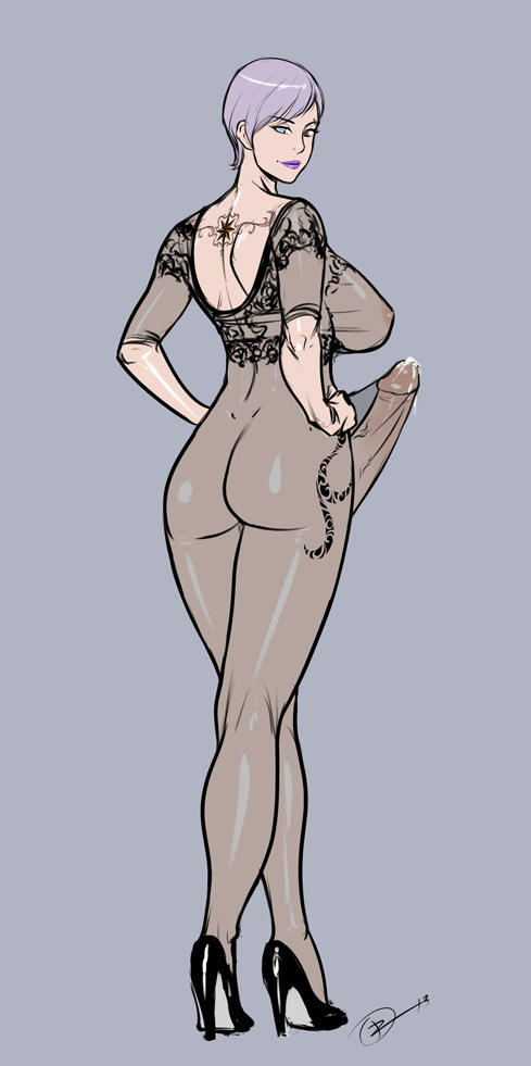 1futa, ass, back, big penis, blue eye, bodystocking, breasts, brown eyes, dickgirl, ell (superguest), erect penis, erection, eyebrow piercing, futa only, futa vampire, futanari, grey hair, hands on waist, heterochromia, high heels, huge breasts, intersex, izra, large breasts, large penis, lipstick, long legs, makeup, penis, precum, presenting, short hair, solo, tattoo, veins, veiny penis
