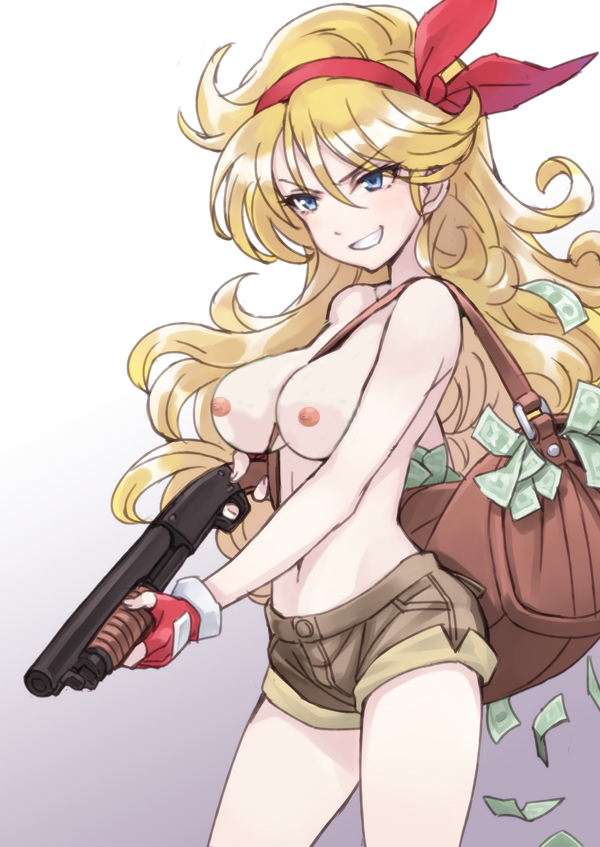 bad launch, bag, beige skin, blonde hair, blue eyes, casual, casual exposure, casual nudity, casual topless, clothing, color, dragon ball, female, female only, fingerless gloves, firearm, gloves, gun, hair, human, launch, long hair, money, open eyes, pale skin, short shorts, shorts, shotgun, smile, solo, standing, tagme, topless, weapon