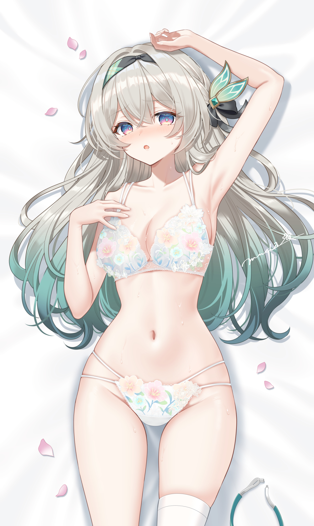 1girls, arm above head, blush, bra, female focus, female only, firefly (honkai: star rail), flower bra, flower panties, gradient eyes, gradient hair, hair ornament, headband, honkai (series), honkai: star rail, long hair, looking at viewer, multicolored eyes, myusha, on back, panties aside, silver hair, solo, solo female