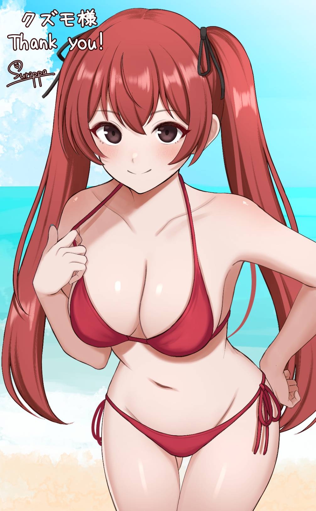 1girl bare_arms beach bikini blue_sky brown_eyes cleavage closed_mouth cloud collarbone commentary_request day female fire_emblem fire_emblem_fates hair_ribbon hand_on_own_hip highres horizon long_hair medium_breasts navel nintendo ocean outdoors red_bikini red_hair ribbon selena_(fire_emblem_fates) severa_(fire_emblem) sky smile solo standing surippa1010 swimsuit twintails