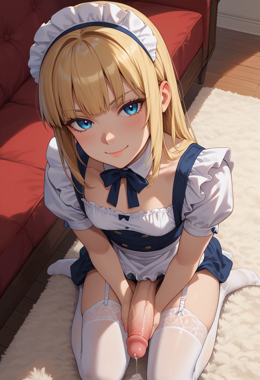 1futa ai_generated balls blonde_hair blue_eyes collarbone erection from_above futa_only futanari hime_cut holding_penis jamesbron kneeling large_penis legwear long_hair looking_at_viewer maid maid_uniform no_panties on_floor penis precum precum_drip small_breasts smile solo solo_futa stockings thighhighs thighs white_legwear white_stockings