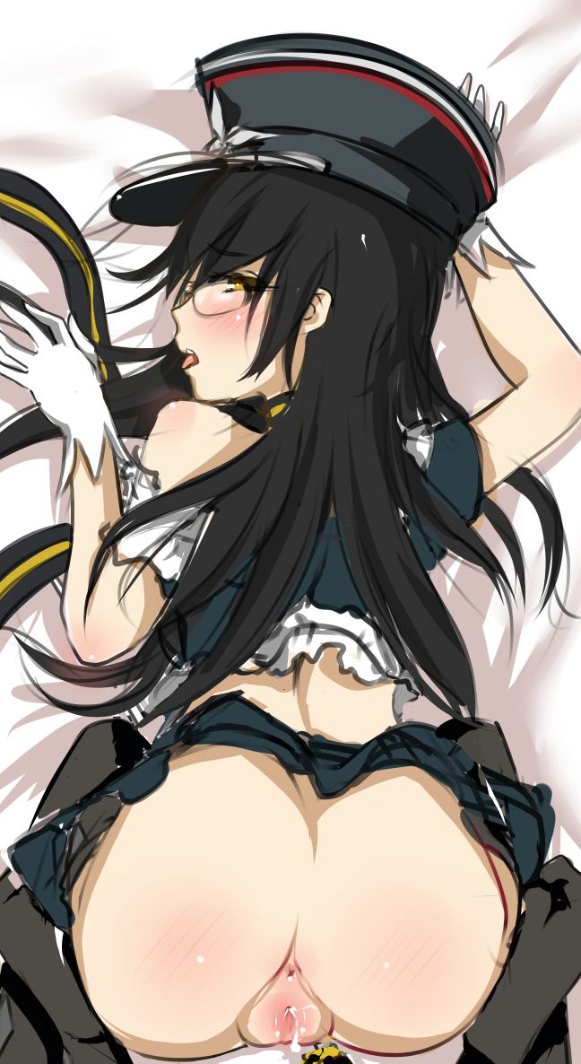 anus ass black_hair black_hat character_request chunyan dakimakura female glasses gloves hat long_hair looking_at_viewer looking_back military_hat no_panties pussy pussy_juice skirt skirt_lift solo_focus unlight white_gloves