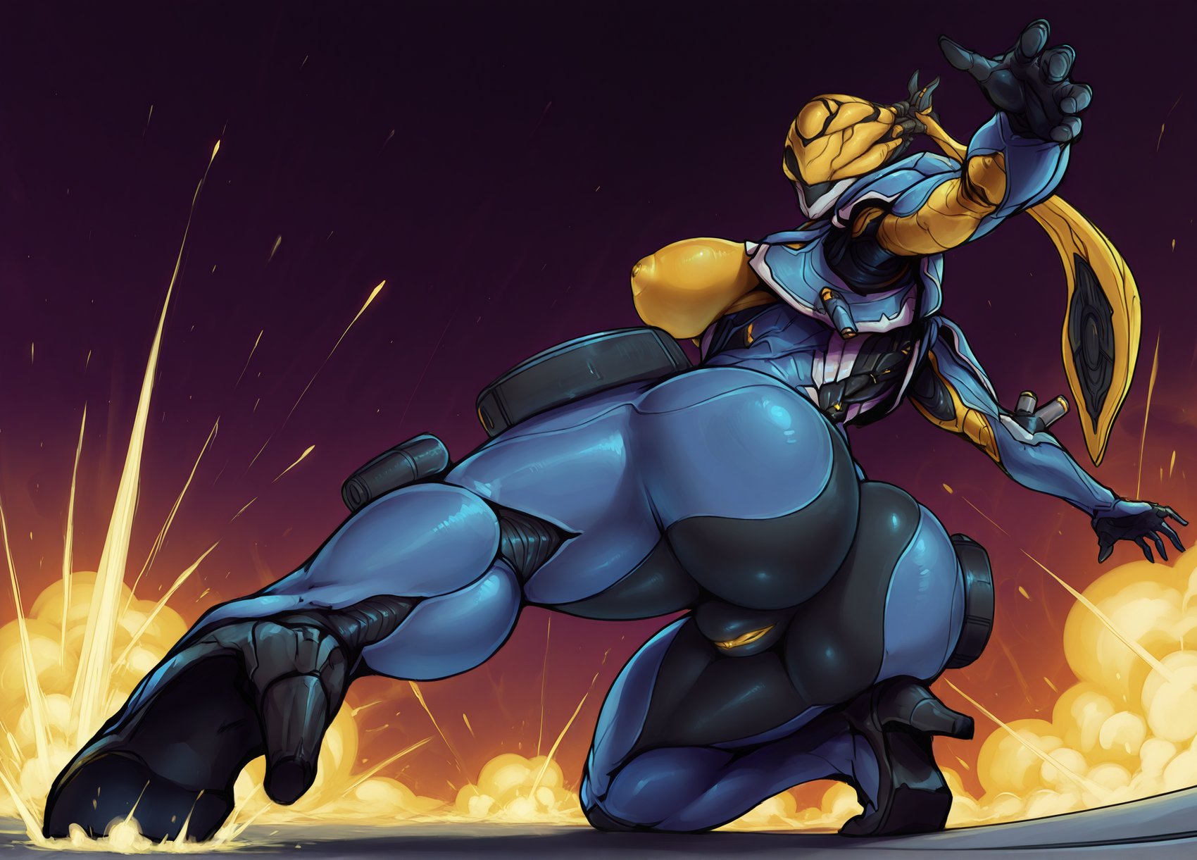 ai generated, big ass, big breasts, bottom heavy, bubble butt, digital extremes, explosion, female, from behind, full body, heels, huge ass, kneeling, legs apart, mesa (warframe), multicolored body, plump labia, ponytail, puffy pussy, robot girl, side view, sideboob, sliding, solo, thick thighs, voluptuous, warframe, warframe (species), wide hips, wrongnumberai