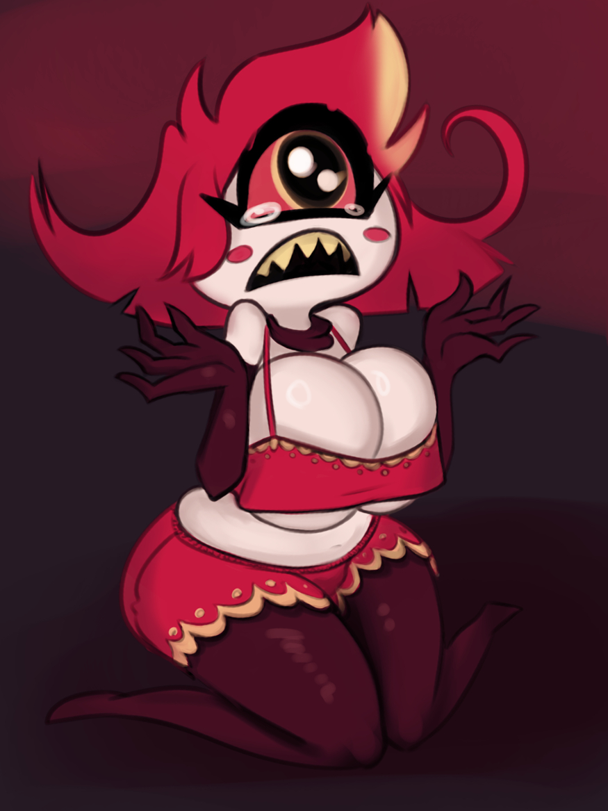 1girls, about to cry, big breasts, breasts, cyclops, cyclops girl, demon, demon girl, enormous breasts, female, female focus, female only, hazbin hotel, huge breasts, niffty, red hair, shortstack, voluptuous, voluptuous female, wabutt