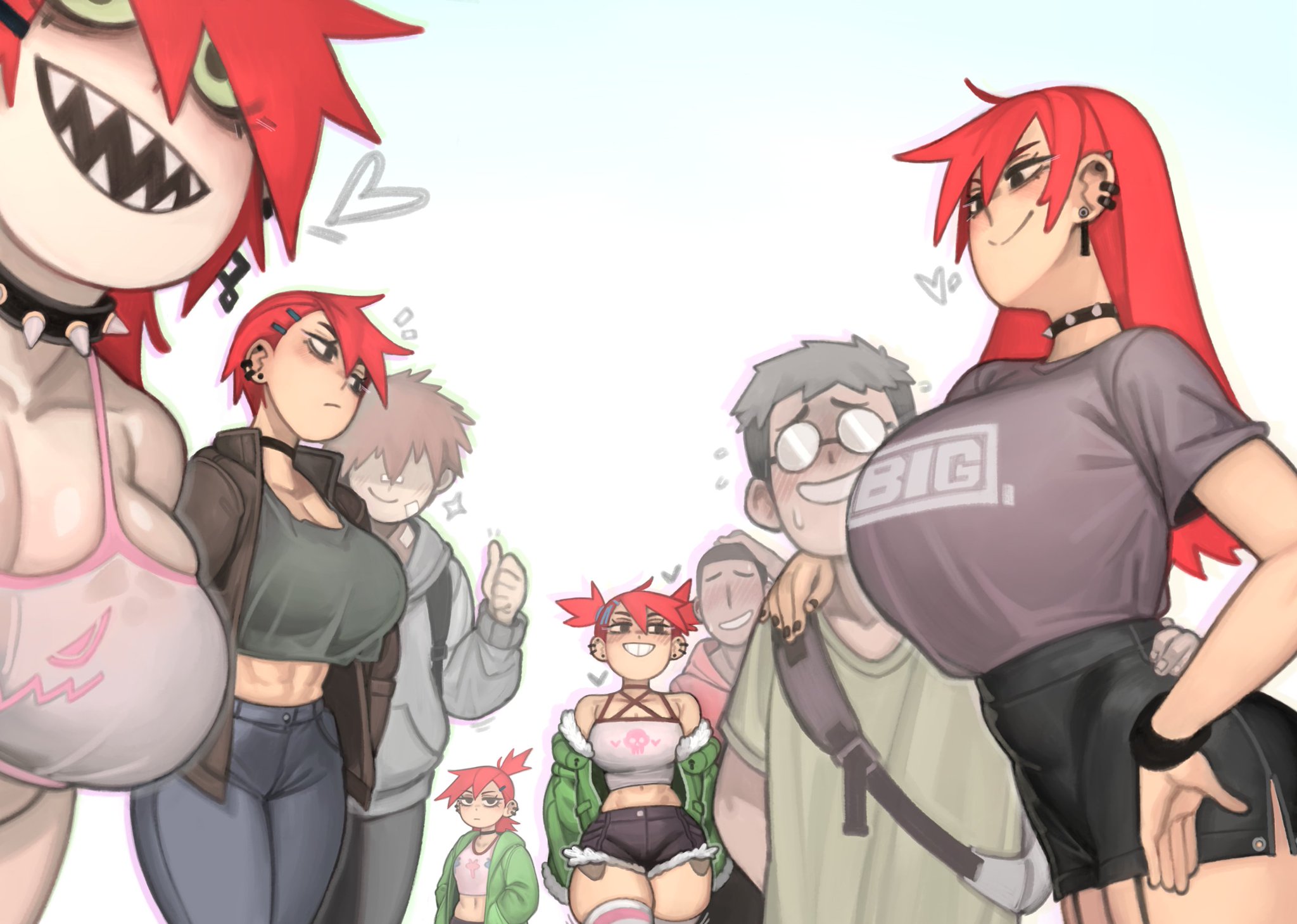 2024, anon, big breasts, blush, breasts, choker, cleavage, collar, digital media (artwork), ear piercing, earrings, female, foster's home for imaginary friends, frankie foster, glasses, imaginary frankie, imaginary friend, kelvin hiu, large breasts, male, multiple boys, multiple females, multiple girls, multiple males, navel, open mouth, red eyes, red head, sharp teeth, spiked collar, thick thighs, thighs, wide hips