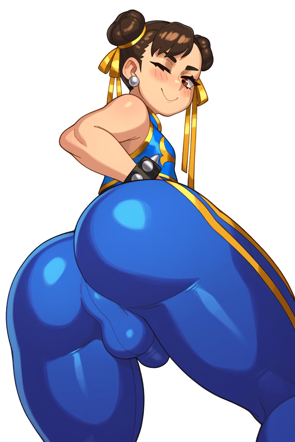 1boy 1femboy ai_generated ass ass_focus bare_shoulders blush bracelet brown_eyes brown_hair brunette bubble_ass bubble_butt bulge bulge_through_clothing chun-li closed_mouth clothed clothing copernicus double_bun earrings femboy femboy_focus femboy_only from_behind fully_clothed genderswap genderswap_(ftm) hair_bun looking_at_viewer looking_back male male_focus male_only one_eye_closed otoko_no_ko penis penis_under_clothes rizdraws_(ai_style) rule_63 smile solo solo_femboy solo_focus solo_male spiked_bracelet street_fighter street_fighter_alpha tight_clothing wink winking_at_viewer