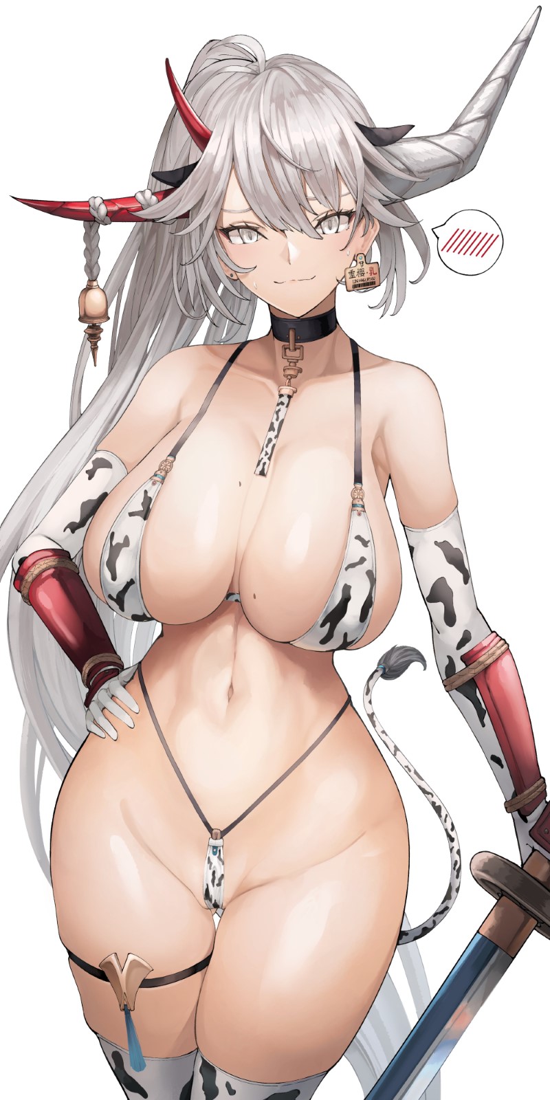 1girls alternate_costume azur_lane chained_collar collar cow_girl cow_print cow_print_bikini cow_tail embarrassed female female_only hakuryuu_(azur_lane) holding_weapon huge_breasts katana legwear light-skinned_female light_skin micro_bikini sakura_empire_(azur_lane) skindentation solo spoken_blush sweatdrop thick_thighs thigh_strap thong thong_bikini wide_hips yusha_(m-gata)