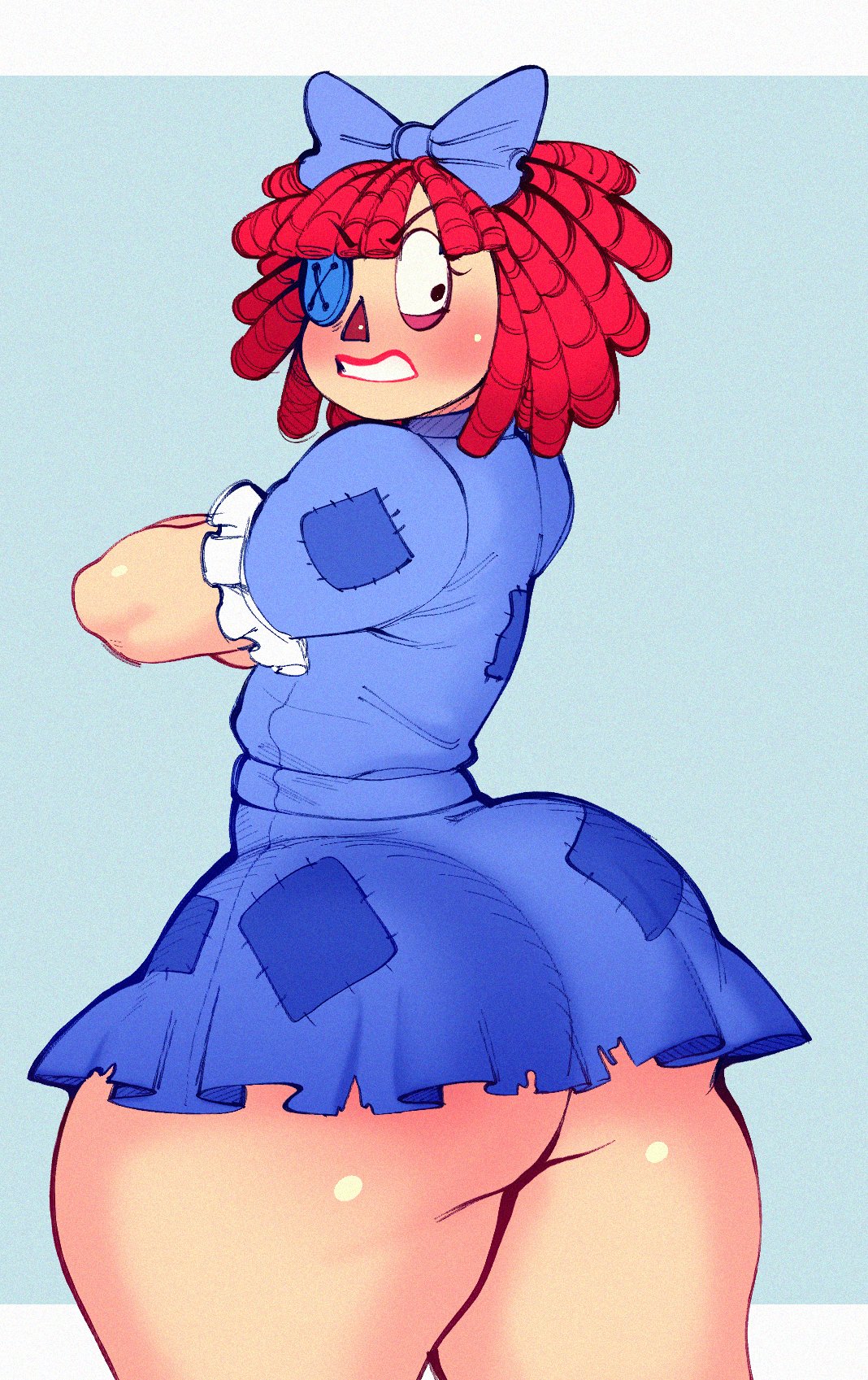 1girls, ass, bottom heavy, bow, breasts, female, flat chest, flat chested, glitch productions, gooseworx, nocturne nsfw, pear shaped, pear shaped female, pear-shaped figure, ragatha, ragatha (the amazing digital circus), small breasts, the amazing digital circus, thick thighs, thighs, upset