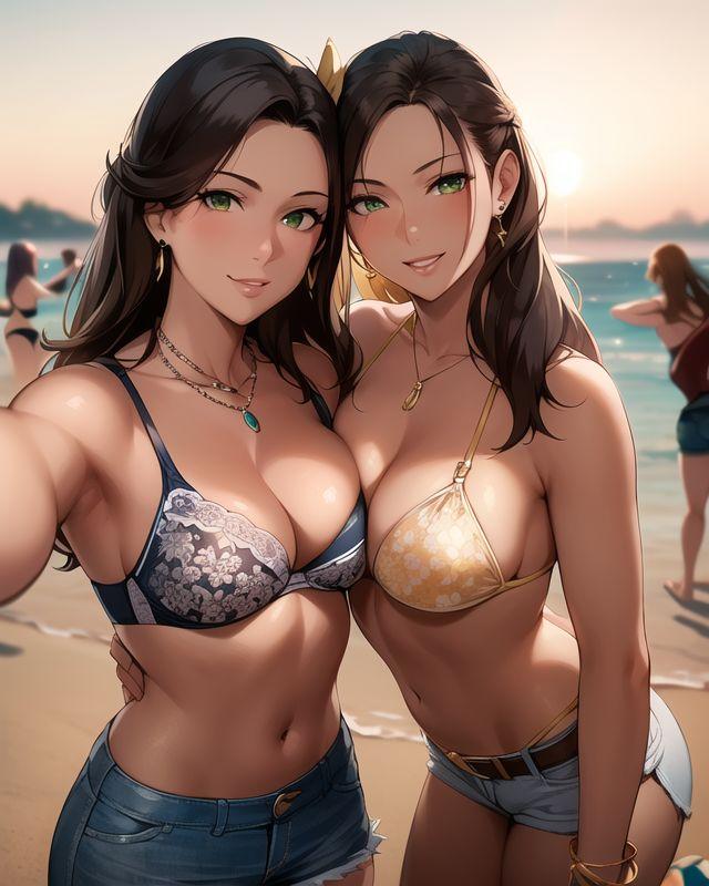 2girls ai_generated ai_mirror background_people beach belly_button bikini_top blue_bikini_top blush bracelets brown_hair earrings flower_in_hair green_eyes heads_together jean_shorts long_hair looking_at_viewer medium_breasts necklaces sea seaside selfie selfie_pose smile white_skin yellow_bikini_top