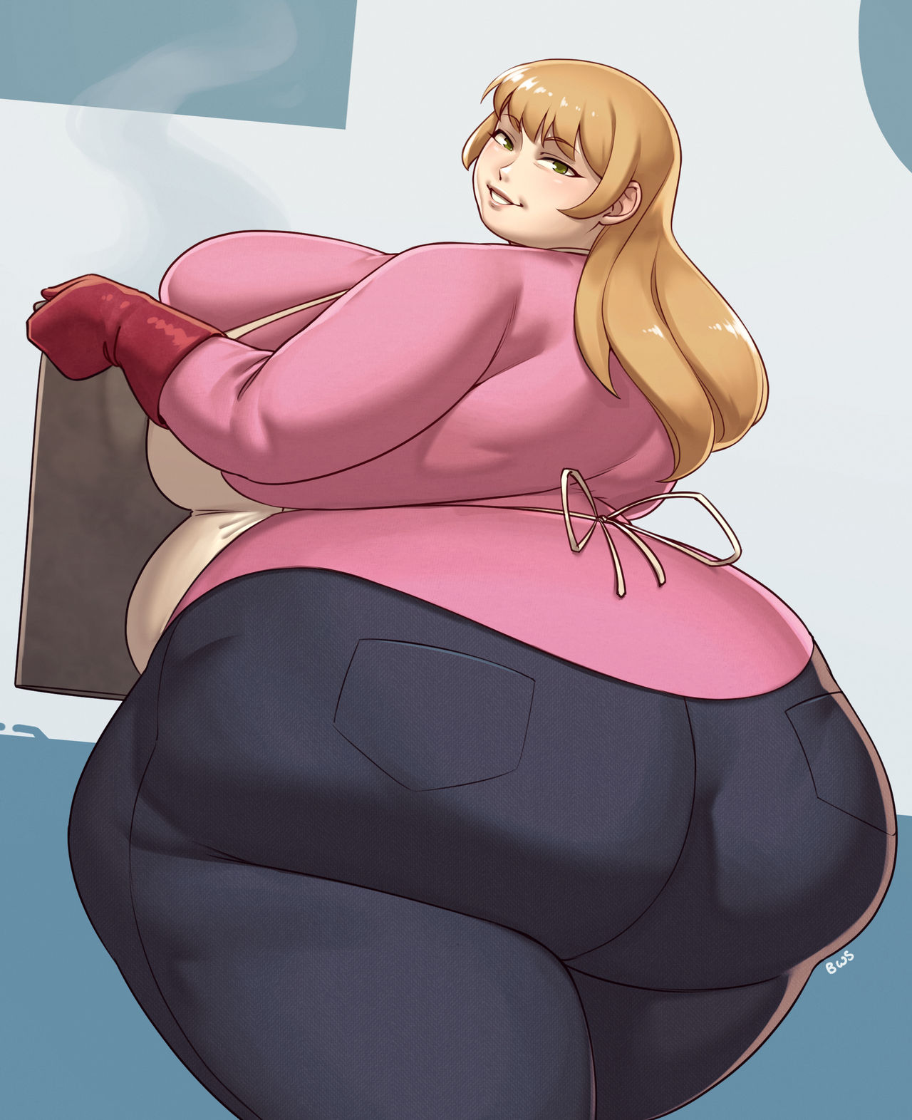 1girls, 2023, apron, ass, back view, bbw, better with salt, big ass, big belly, big breasts, big butt, big hips, big thighs, blonde hair, breasts, chubby belly, chubby female, color, cooking, enormous ass, enormous breasts, enormous butt, fat, fat ass, fat belly, fat butt, female, gigantic ass, gigantic breasts, gigantic butt, gloves, huge ass, huge breasts, huge butt, huge hips, jeans, large ass, large breasts, large butt, large hips, looking at viewer, looking back, obese, obese female, overweight, overweight female, pink topwear, simple background, smile, smiling, solo, solo female, ssbbw, thick ass, thick thighs, tight clothing, tight fit, voluptuous, voluptuous female, wide hips