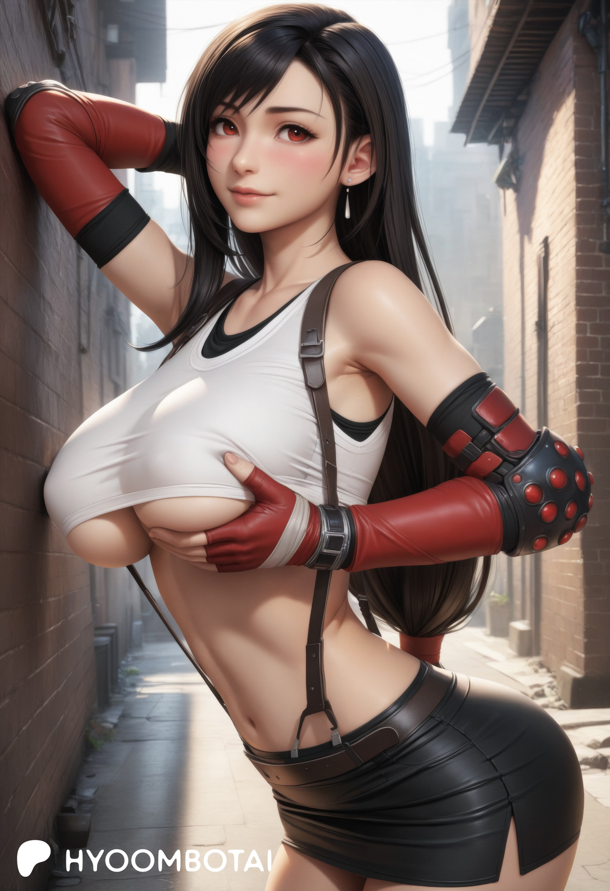 1girls, ai generated, alley, black hair, blush, breast lift, breasts, crop top, female, final fantasy, final fantasy vii, final fantasy vii remake, grabbing own breast, highres, hyoombotai, large breasts, long hair, nipple bulge, outdoors, patreon username, red eyes, self upload, skirt, stable diffusion, suspenders, tifa lockhart, underboob