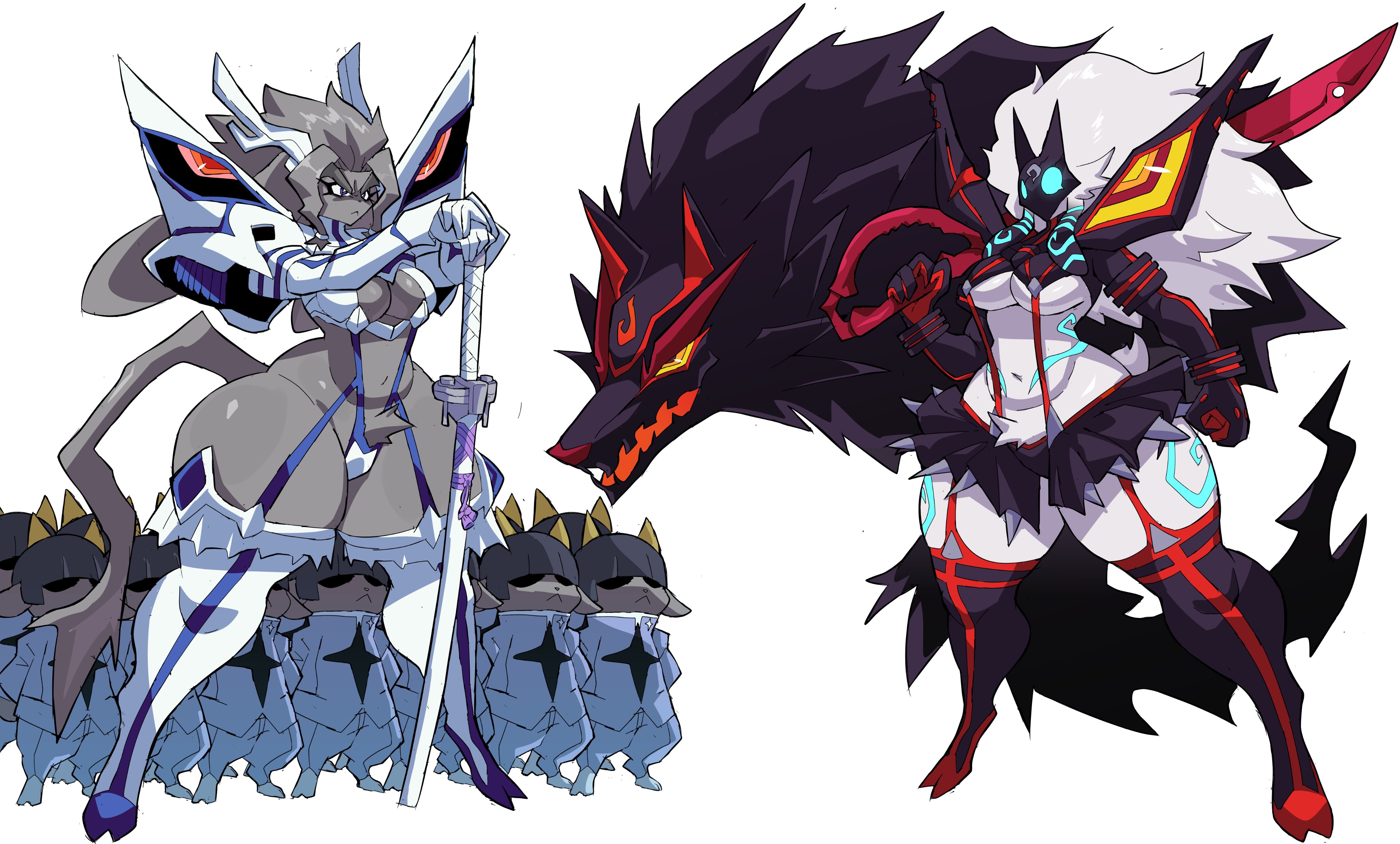 2girls, absurd res, anthro, anthro only, antlers, ass, big breasts, big thighs, bovid, breasts, caprine, clothed, clothing, crossover, crotch tuft, duo, duo female, duo focus, eyelashes, featureless breasts, fecharis, felid, female, female focus, female only, fur, giant thighs, glitchlord8391, goat, grey body, grey fur, hair, hi res, horn, jackalope, junketsu, kill la kill, kindred, lagomorph, lamb (league of legends), league of legends, legwear, leporid, mammal, mask, massive thighs, meme, pseudoregalia, rabbit, riot games, senketsu, sheep, shitpost, simple background, sybil (pseudoregalia), tagme, tail, thick thighs, tuft, white body, white fur, wide hips, wolf (league of legends)