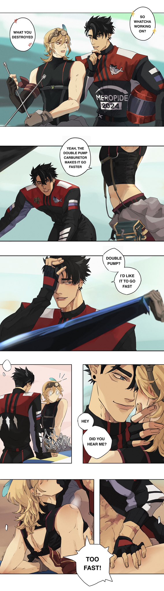 black hair, blonde hair, censored, comic, crop top, english text, gay, genshin impact, kaveh (genshin impact), male, male focus, male only, male/male, sxnalien, text, wriothesley (genshin impact), yaoi