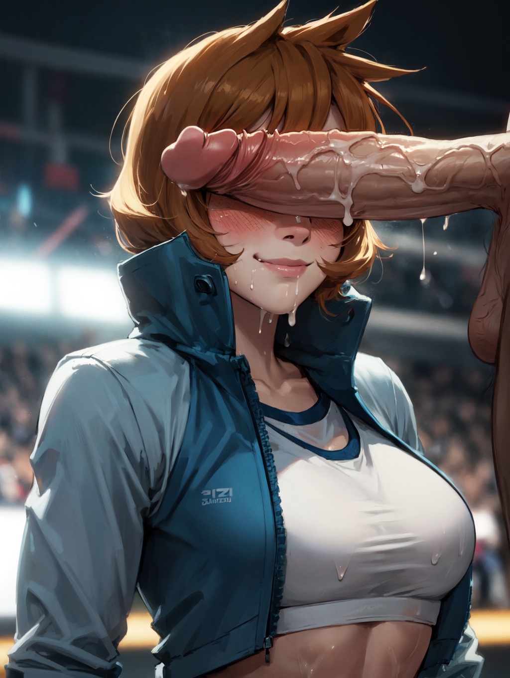 ai generated, bangs, bikini, blush, breasts, creatures (company), eyelashes, female, game freak, gen 2 pokemon, gym leader, highres, huge breasts, huge cock, human, kasumi (pokemon), large breasts, large penis, male, misty (pokemon hgss), navel, nintendo, orange hair, pale skin, penis, pokemon, pokemon (game), pokemon gsc, pokemon hgss, shiny, shiny hair, short hair, smile, solo, swimsuit, swimwear, white bikini