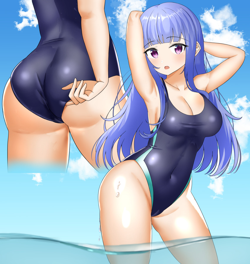 07th_expansion adjusting_swimsuit big_butt blush breasts butt butt_focus furude_rika higurashi_no_naku_koro_ni long_hair outdoors swimsuit thighs water wet