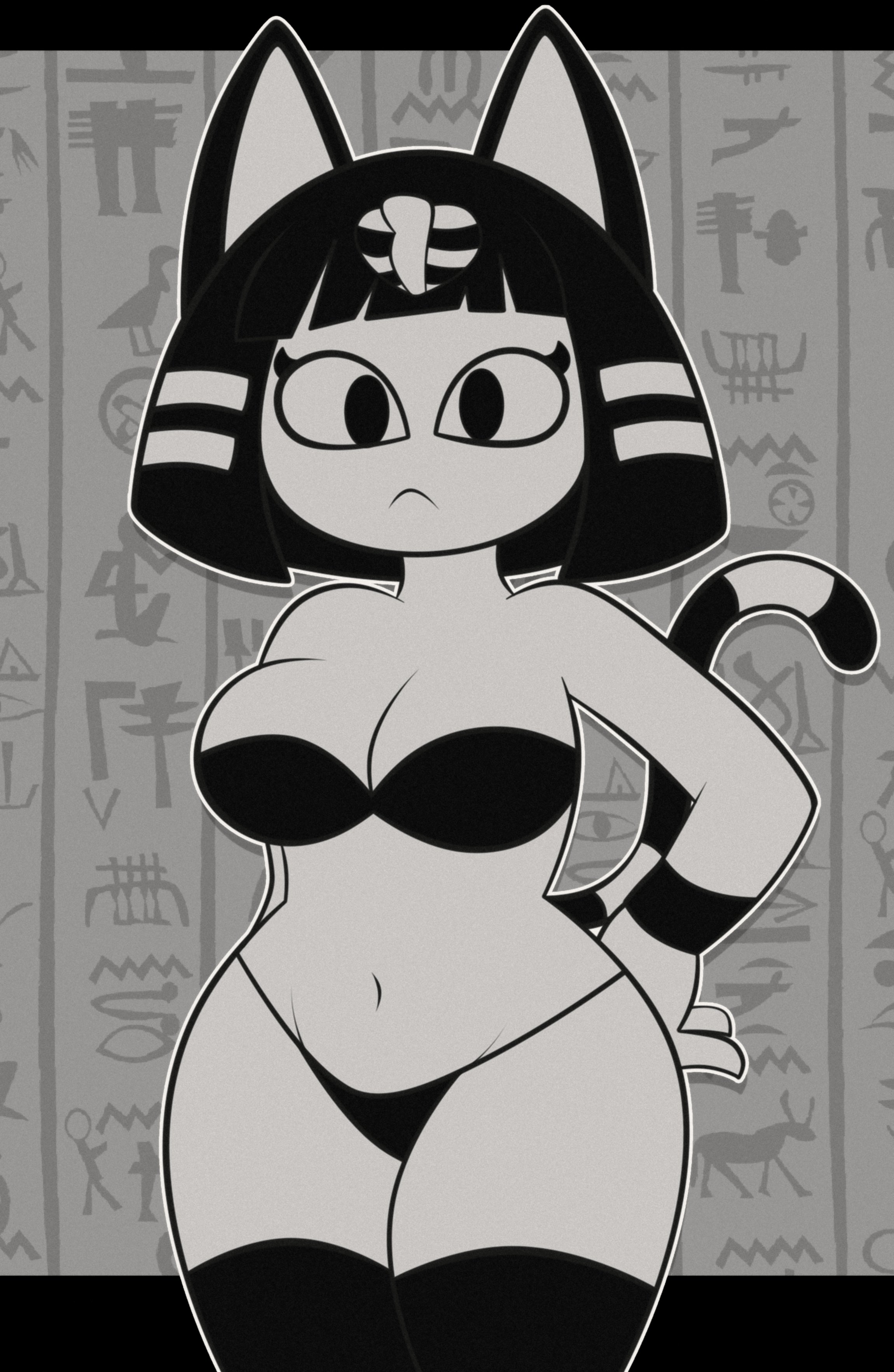 animal crossing, ankha, ankha (animal crossing), anthro, bage21, black and white, breasts, cat ears, cat tail, egyptian, female, female only, furry, looking at viewer, monochrome, nintendo, solo, solo anthro, superbage, tagme, underwear only