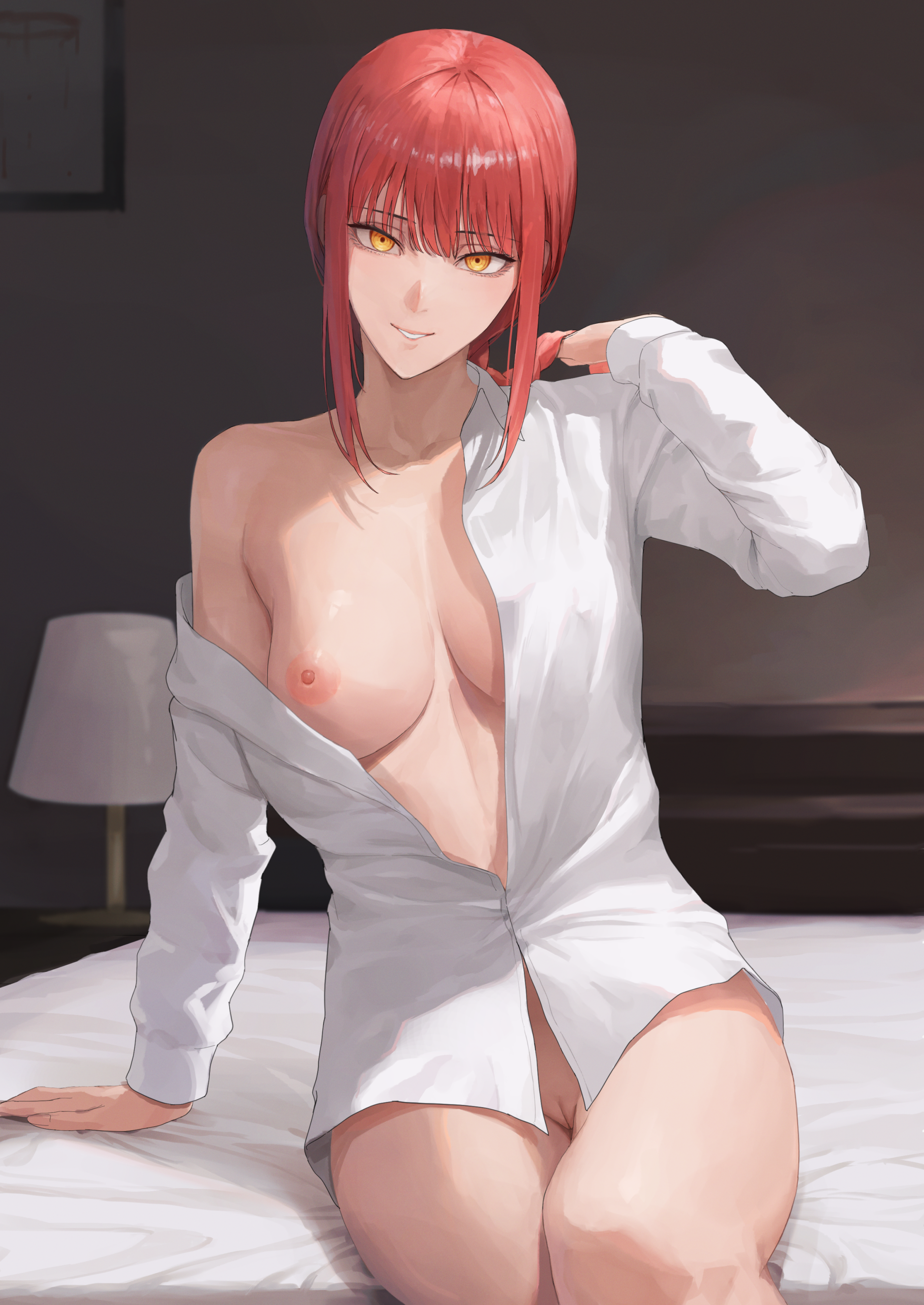 1girls, ano (gccx8784), areolae, bangs, bed, breasts, chainsaw man, female, female only, hi res, highres, indoors, innie pussy, light skin, light-skinned female, looking at viewer, makima (chainsaw man), nipples, open shirt, pussy, red hair, red-haired female, ringed eyes, shaved pussy, shirt, sitting, sitting on bed, smile, smiling, smiling at viewer, solo, solo female, thighs, uncensored, yellow eyes