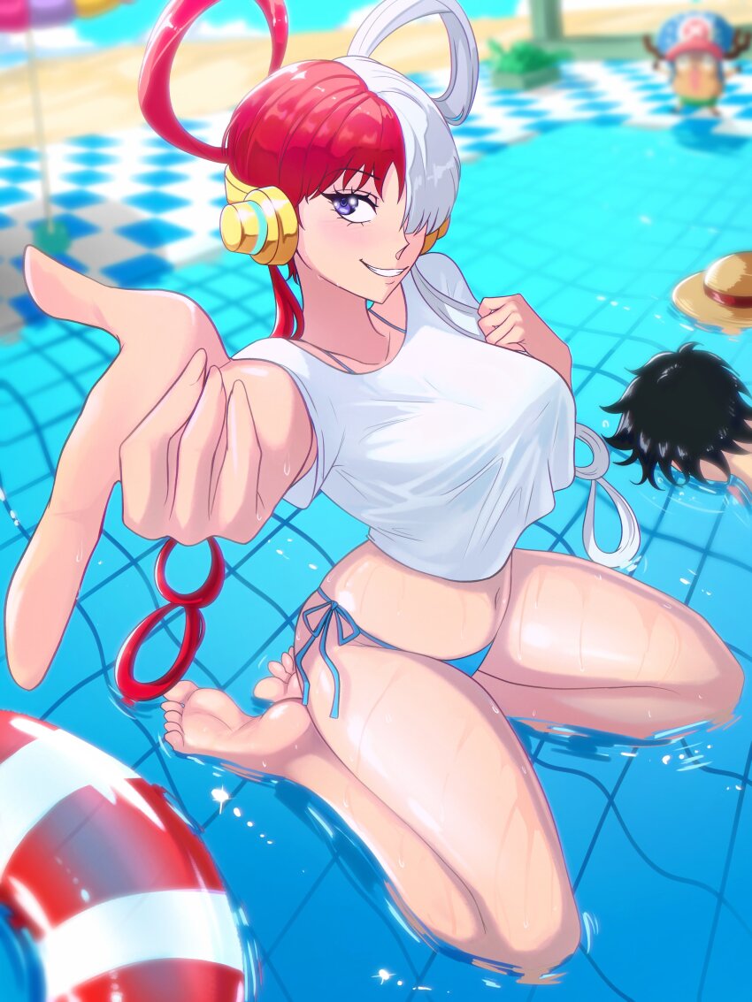 1girls 2boys absurdres barefoot big_breasts bikini black_hair blue_bikini curvy curvy_female day feet female female_focus hair_over_one_eye hair_ribbon hat highres index_finger_raised long_hair looking_at_viewer looking_back lying male monkey_d_luffy multicolored_hair multiple_boys one_piece opalisart red_hair ribbon shiny_skin shirt short_hair side-tie_bikini_bottom sitting soles straw_hat surprised swimsuit thick_thighs thong thong_bikini toe_scrunch toes toes_scrunch tony_tony_chopper two-tone_hair uta_(one_piece) very_long_hair water wet wet_clothes wet_shirt white_shirt wide_hips