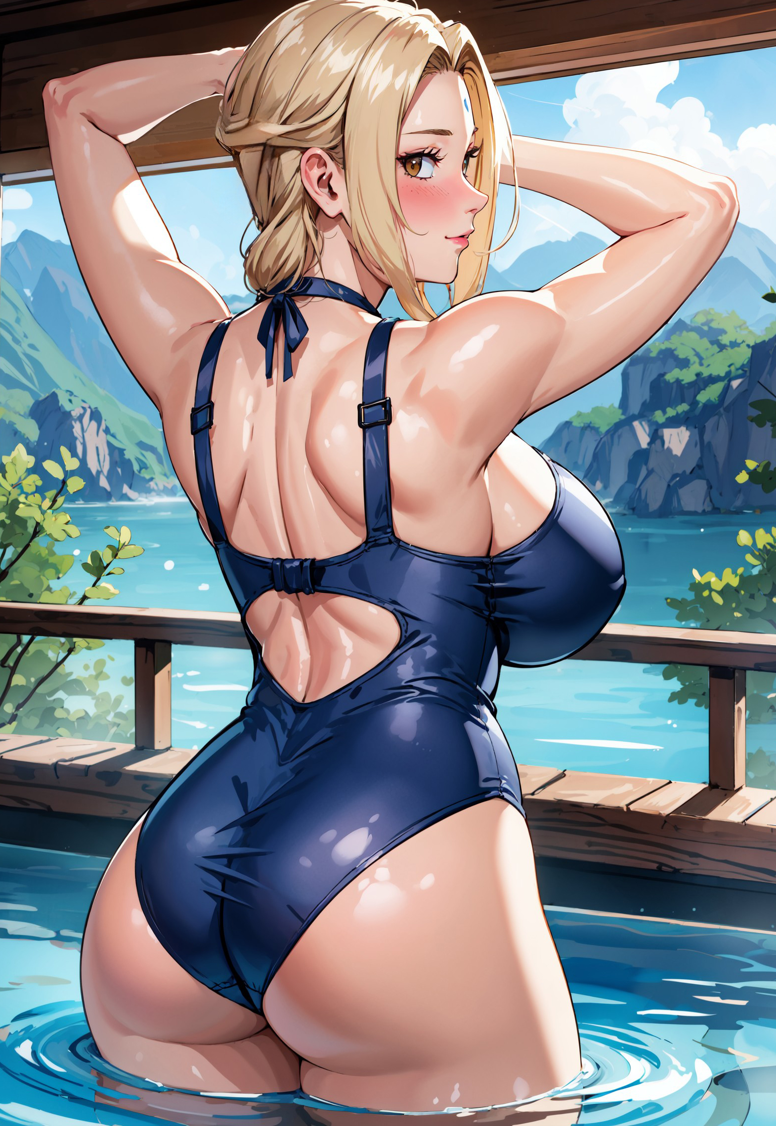 1girls, adapted costume, ai generated, alex-schura, artist name, ass, ass focus, back view, bare legs, bare shoulders, bare thighs, big breasts, blue swimsuit, blush, boruto: naruto next generations, breasts, bubble ass, bubble butt, cleavage, female, forehead mark, from behind, highleg, highleg swimsuit, huge breasts, in water, indoors, looking at viewer, looking back, looking back at viewer, mature, mature female, milf, mommy, nai diffusion, naruto, naruto (series), naruto shippuden, naruto: the last, one-piece swimsuit, partially submerged, pool, presenting, presenting ass, rear view, sfw, sideboob, smile, solo, solo focus, stable diffusion, swimsuit, thick thighs, thighs, tsunade, very long hair, viewed from behind, voluptuous, voluptuous female, water, watermark