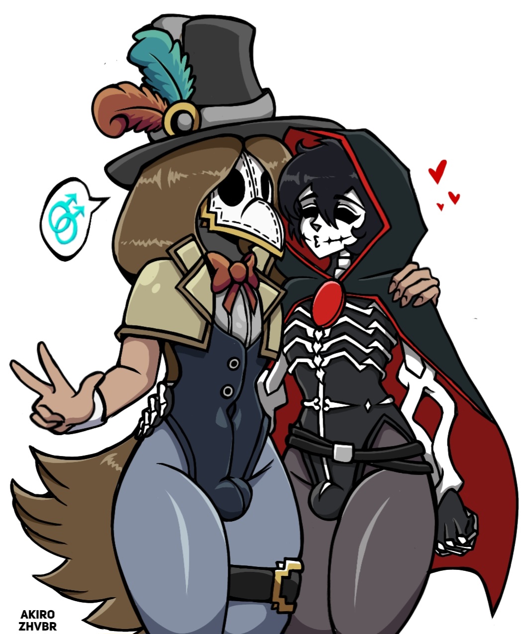 2boys akirozhvbr big_thighs black_hair brown_hair bulge empty_eyes femboy flat_chest goth grim_reaper hood long_hair plague_doctor short_hair top_hat