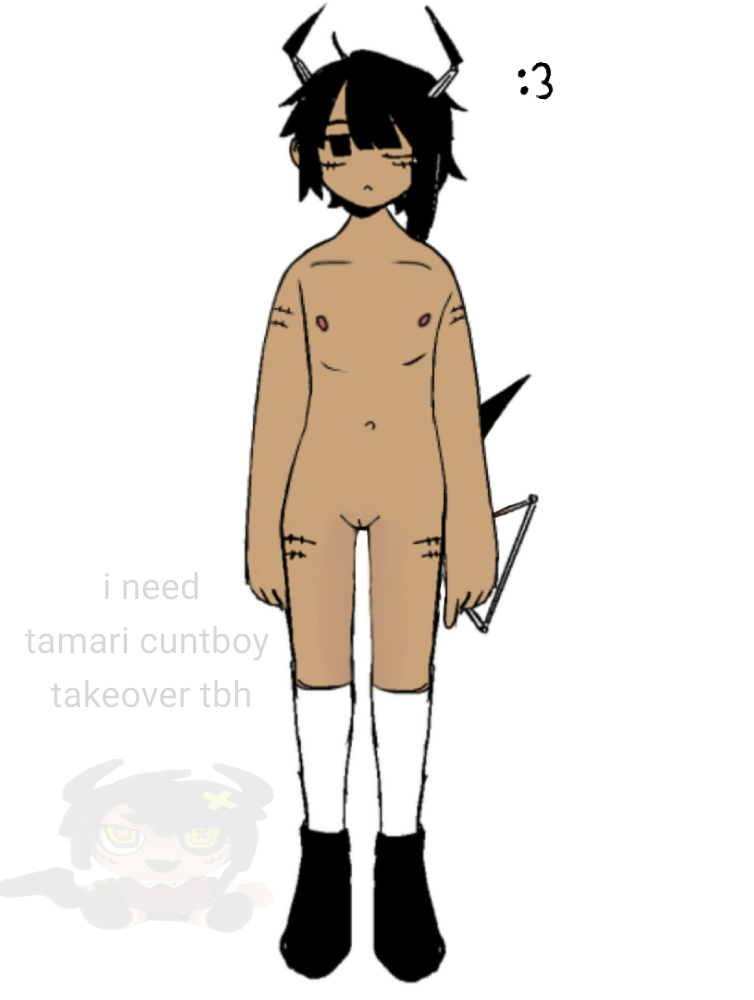 :3 ;-; android black_hair closed_eye cuntboy cuntboy_only edit edited edited_image edited_official_artwork first_post_of_artist full_body ghost_and_pals hairless_pussy half_naked horns humanoid nipples pouty pussy qualia_automata robot silly small_pussy socks socks_and_shoes solo tail tamari tan_skin team_6x111 twink