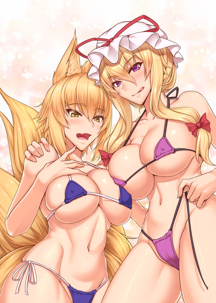 2girls :q akitsuki_karasu animal_ears asymmetrical_docking bare_shoulders bikini bikini_pull blonde_hair blush bow breast_press breasts cameltoe clothes_pull collarbone covered_erect_nipples eyelashes fox_ears fox_tail groin hair_between_eyes hairbow hand_on_another's_shoulder hat hat_ribbon heart heart-shaped_pupils highleg highleg_bikini large_breasts long_hair looking_at_viewer mature_female micro_bikini mob_cap multiple_girls navel oerba_yun_fang open_mouth pulled_by_self purple_bikini purple_eyes ran_yakumo red_bow ribbon shiny_skin short_hair side-tie_bikini_bottom sidelocks skin_fang skindentation smile stomach strap_gap strap_pull string_bikini swimsuit symbol-shaped_pupils tail tongue tongue_out touhou underboob untied_bikini untying yakumo_ran yakumo_yukari yellow_eyes yellow_tail yukari_yakumo