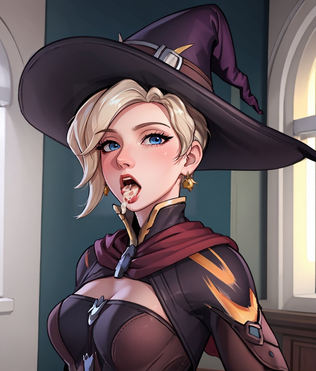 1girls ai_generated cum cum_in_mouth cum_on_tongue leukocrisp mercy oral_creampie overwatch overwatch_2 stable_diffusion witch_hat witch_mercy