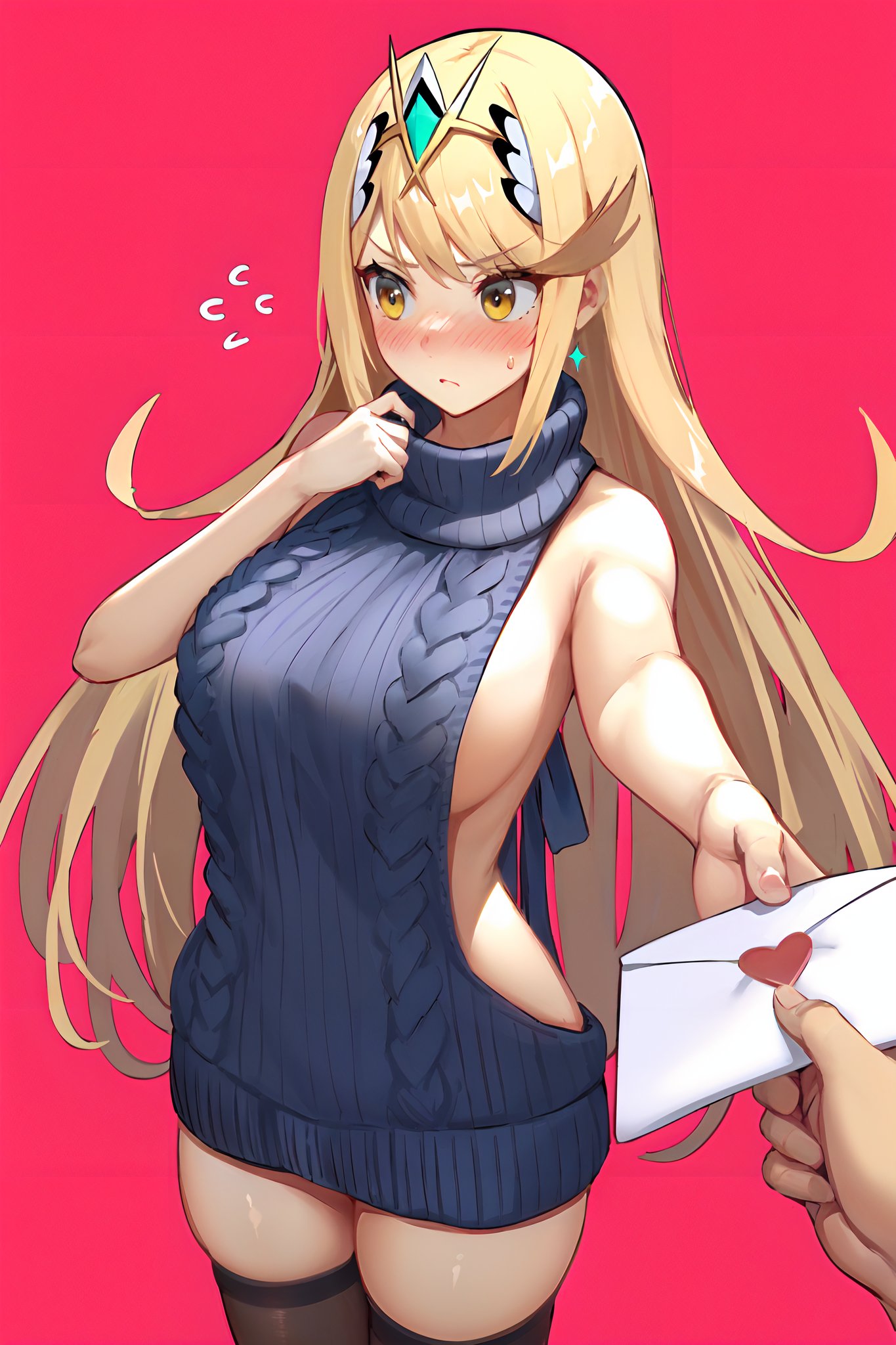 ai_generated alternate_costume blonde_hair female mythra nintendo virgin_killer_sweater vysetf white_skin xenoblade_(series) xenoblade_chronicles_2 yellow_eyes