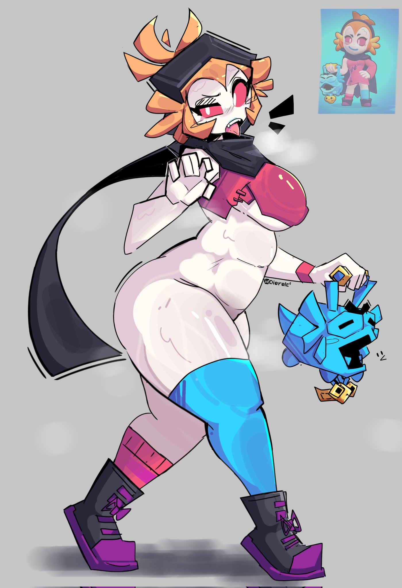1girls, 2024, ass, axl willow (brawl stars), big ass, big breasts, big butt, boots, bottomless, brawl stars, breasts, busty, curvaceous, curvy, dierelc, female, female focus, female only, ginger, ginger hair, grey background, half naked, half-dressed, holding, holding object, light skin, light-skinned female, looking at viewer, mostly clothed, mostly nude, mostly nude female, no panties, open mouth, orange hair, pink sclera, shiny, shiny clothes, shiny hair, shiny skin, side view, socks, solo, solo female, solo focus, standing, supercell, tagme, teeth, thick thighs, tongue, tongue out, voluptuous, walking, white eyes, wide hips, willow (brawl stars)