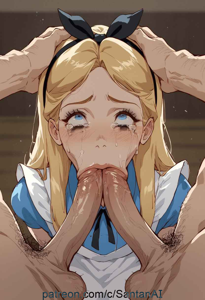 1girls 2boys ai_generated alice_(disney) alice_in_wonderland blonde_hair blowjob blowjob_face dick double_barrel_blowjob double_blowjob fellatio illustration