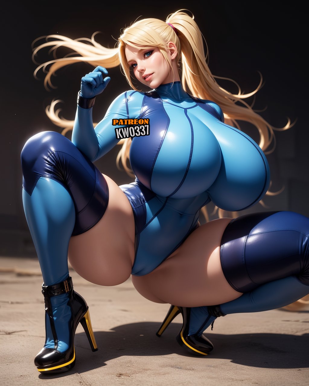 1girls, ai generated, big breasts, blonde hair, breasts, busty, cameltoe, curvy, female, female only, high heels, kw0337, leotard, looking at viewer, metroid, nintendo, pussy, samus aran, solo, solo female