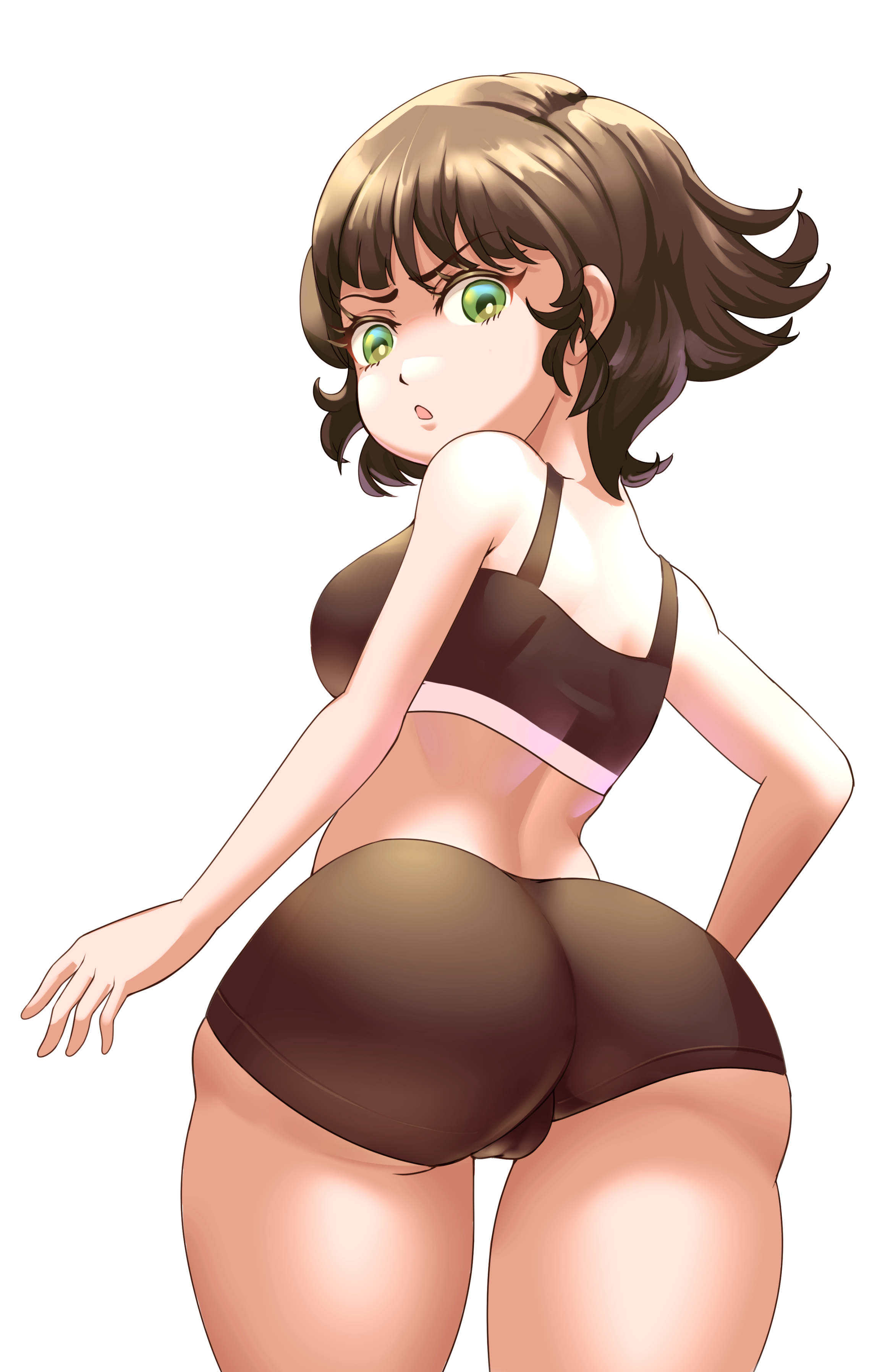aged up, annoyed face, bike shorts, black hair, buttercup (powerpuff girls), cjhomics, female, female only, green eyes, looking at viewer, looking back, powerpuff girls, short hair, shorts, solo, solo female, sports bra