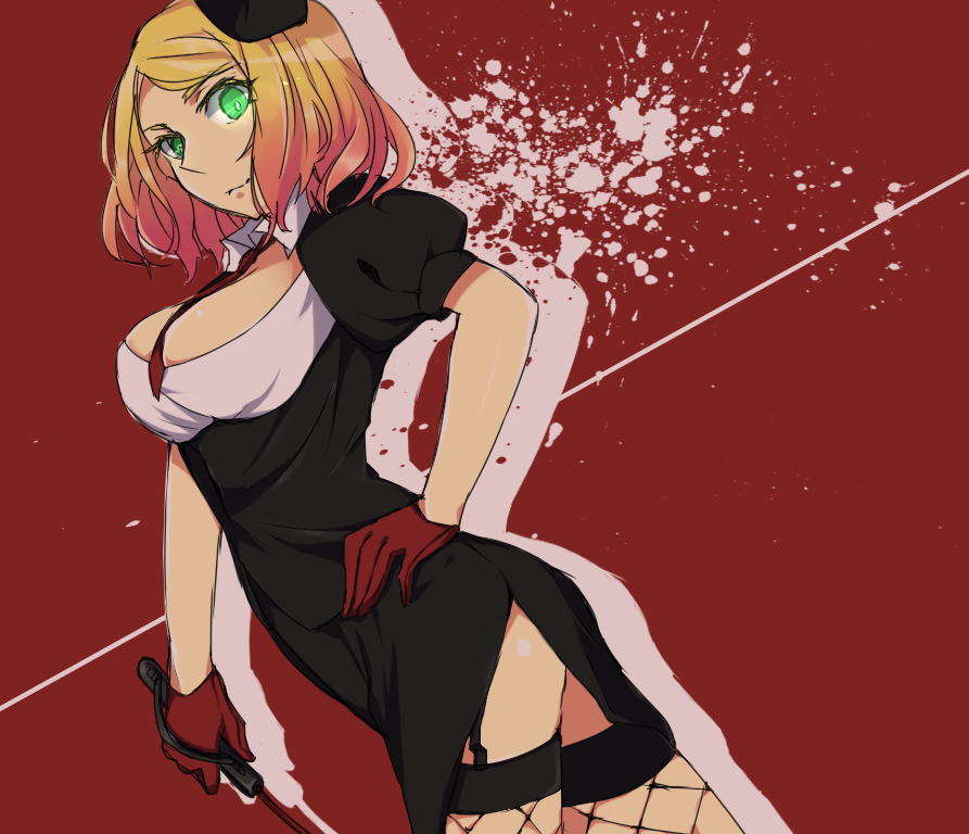 angels_of_death ass backround big_breasts blonde_hair buisness_suit catherine_ward fishnets green_eyes hand_on_lap looking_at_viewer pink_hair red_gloves riding_crop satsuriku_no_tenshi thighs tie_between_breasts two_tone_hair