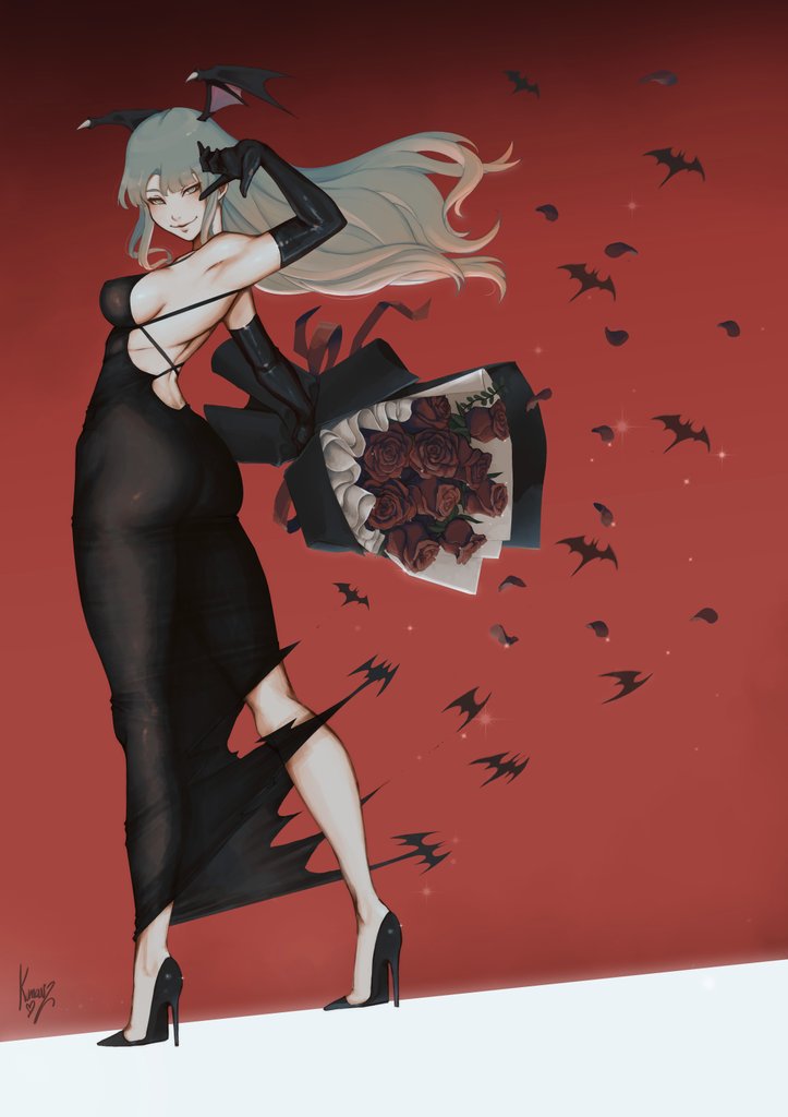 big_ass big_breasts darkstalkers dress gloves head_wings high_heels horns kumanzart long_dress long_hair long_skirt looking_at_viewer looking_back morrigan_aensland sideboob skirt smiling_at_viewer stiletto_heels succubus succubus_horns very_high_heels