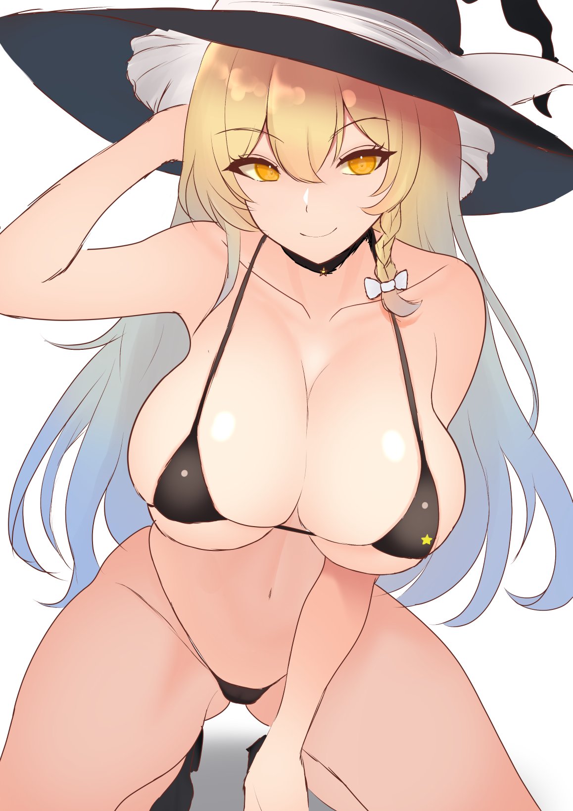 bikini, black bikini, blonde hair, bow, braid, breasts, cleavage, collarbone, female, gluteal fold, hairbow, hat, hat bow, highres, kirisame marisa, kneeling, large breasts, long hair, looking at viewer, marisa kirisame, micro bikini, navel, ritsu tonaki, side braid, simple background, single braid, smile, solo, star (symbol), swimsuit, thighs, touhou, very long hair, white background, witch hat, yellow eyes