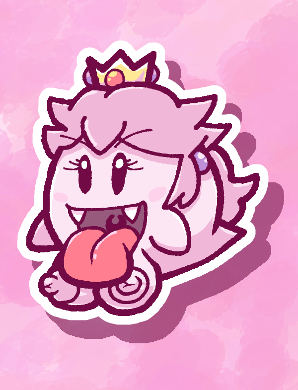 1girls boo_(mario) breasts chabble fangs female female_only floating mario_(series) nipples nub_tail open_mouth orb pink_background pink_hair princess_peach simple_background solo teeth tongue tongue_out