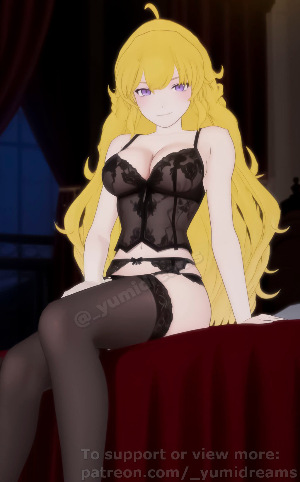  yumidreams, accurate art style, ahoge, ai generated, bare shoulders, bedroom, black lingerie, black thighhighs, blonde hair, blush, breasts, corset, female, garter belt, garter belt leggings, garter straps, indoors, lace lingerie, lace trim, lace-trimmed thighhighs, lacy panties, large breasts, long hair, looking at viewer, on bed, pale skin, pale-skinned female, patreon username, purple eyes, rwby, thigh highs, thighhighs, very long hair, yang xiao long