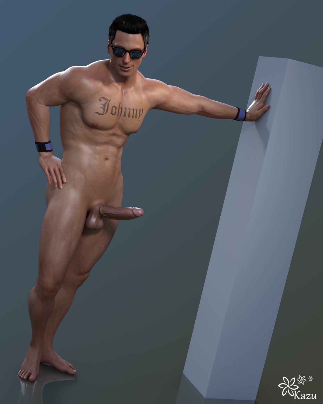 1boy 1human 3d 3d_(artwork) 3d_model brown_hair erect_penis erection johnny_cage kazuworks light-skinned_male light_skin male male_focus male_only masculine mortal_kombat mortal_kombat_11 naked naked_male netherrealm_studios nude nude_male smile solo solo_focus solo_male sunglasses tattoo_on_chest veiny_penis wristbands